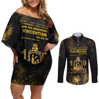 Saint Vincent And The Grenadines 1979 Couples Matching Off Shoulder Short Dress and Long Sleeve Button Shirt Gold Tropical Leaves And Coat Of Arms - Wonder Print Shop