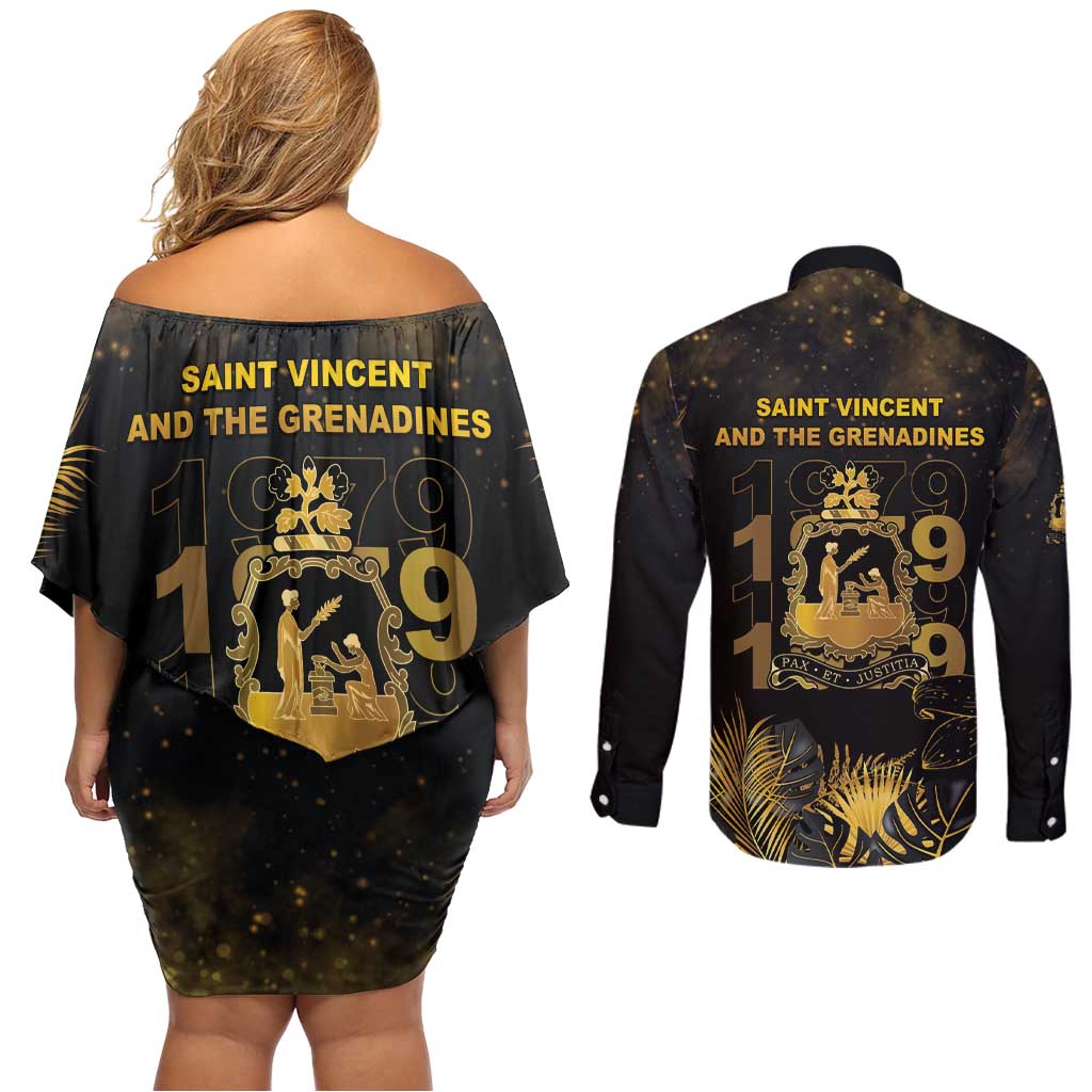 Saint Vincent And The Grenadines 1979 Couples Matching Off Shoulder Short Dress and Long Sleeve Button Shirt Gold Tropical Leaves And Coat Of Arms - Wonder Print Shop