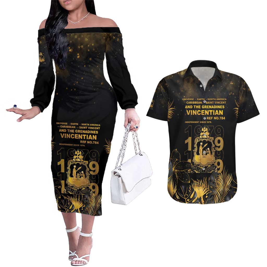 Saint Vincent And The Grenadines 1979 Couples Matching Off The Shoulder Long Sleeve Dress and Hawaiian Shirt Gold Tropical Leaves And Coat Of Arms - Wonder Print Shop