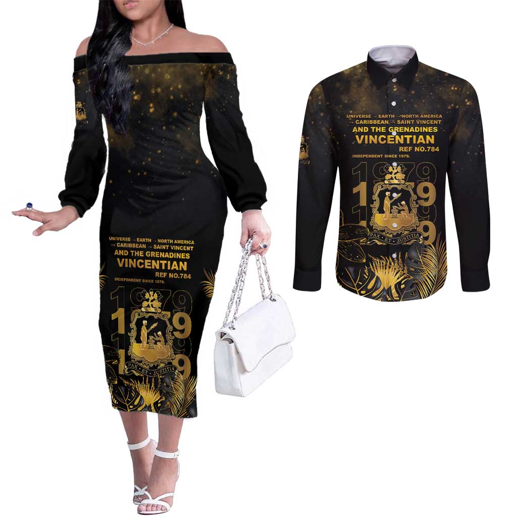 Saint Vincent And The Grenadines 1979 Couples Matching Off The Shoulder Long Sleeve Dress and Long Sleeve Button Shirt Gold Tropical Leaves And Coat Of Arms - Wonder Print Shop