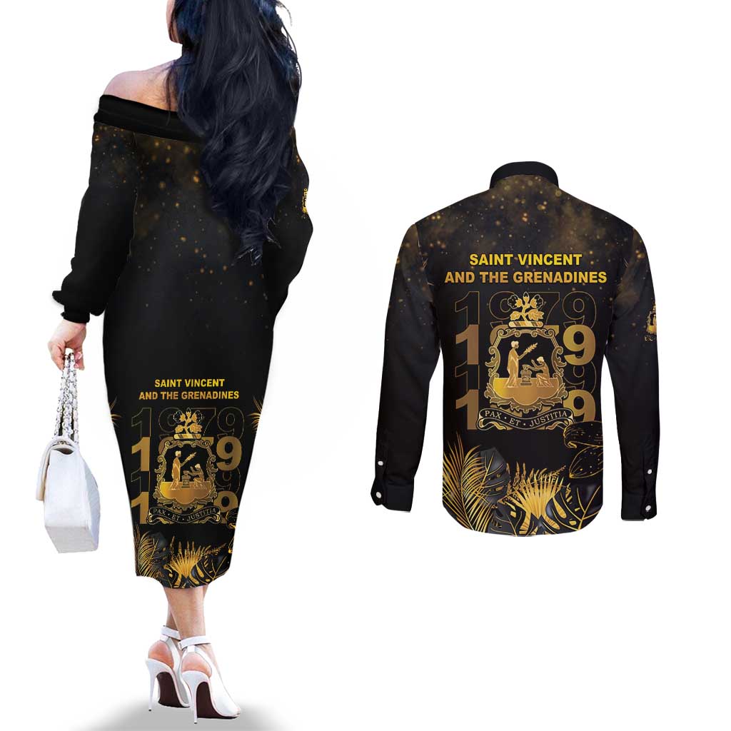 Saint Vincent And The Grenadines 1979 Couples Matching Off The Shoulder Long Sleeve Dress and Long Sleeve Button Shirt Gold Tropical Leaves And Coat Of Arms - Wonder Print Shop