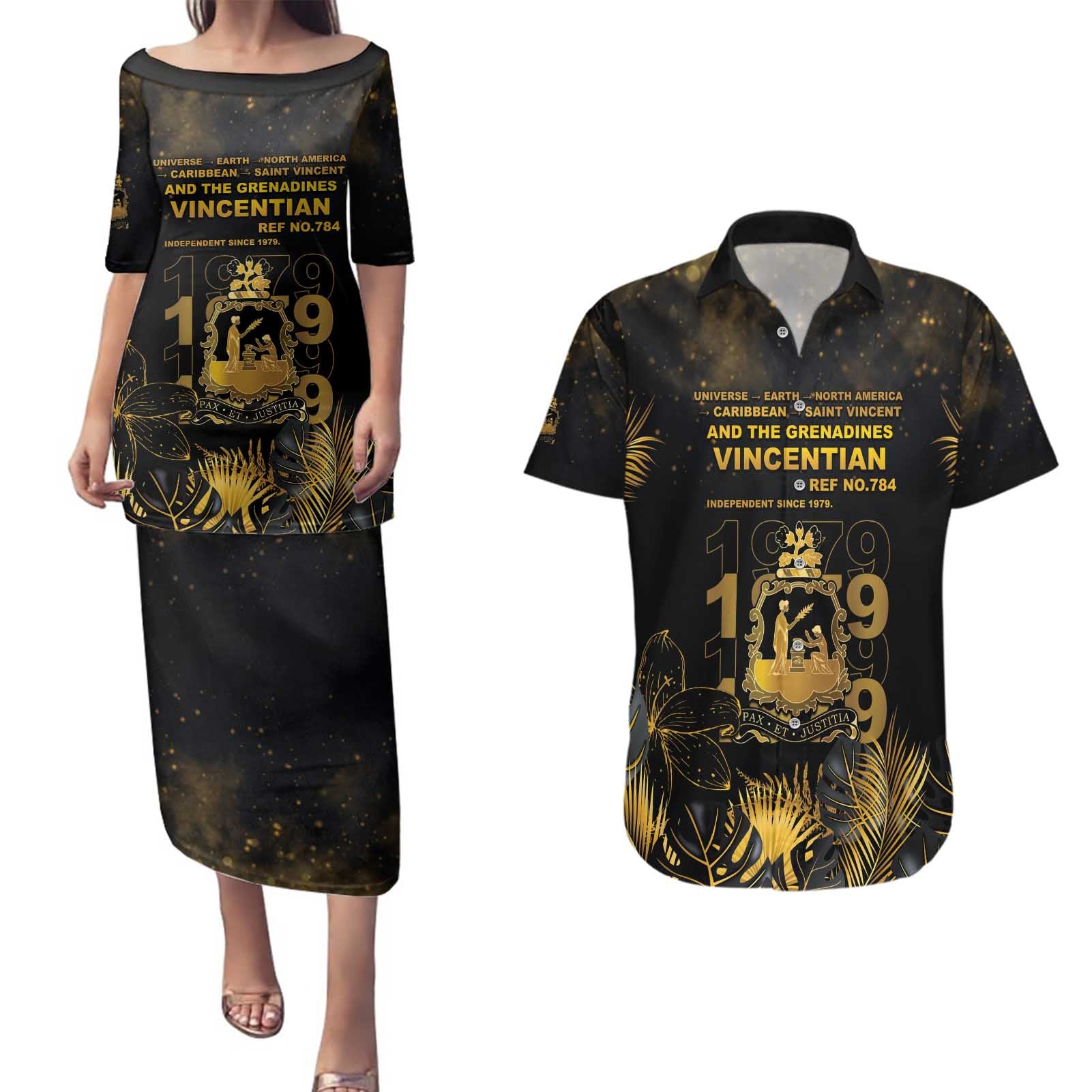 Saint Vincent And The Grenadines 1979 Couples Matching Puletasi and Hawaiian Shirt Gold Tropical Leaves And Coat Of Arms - Wonder Print Shop