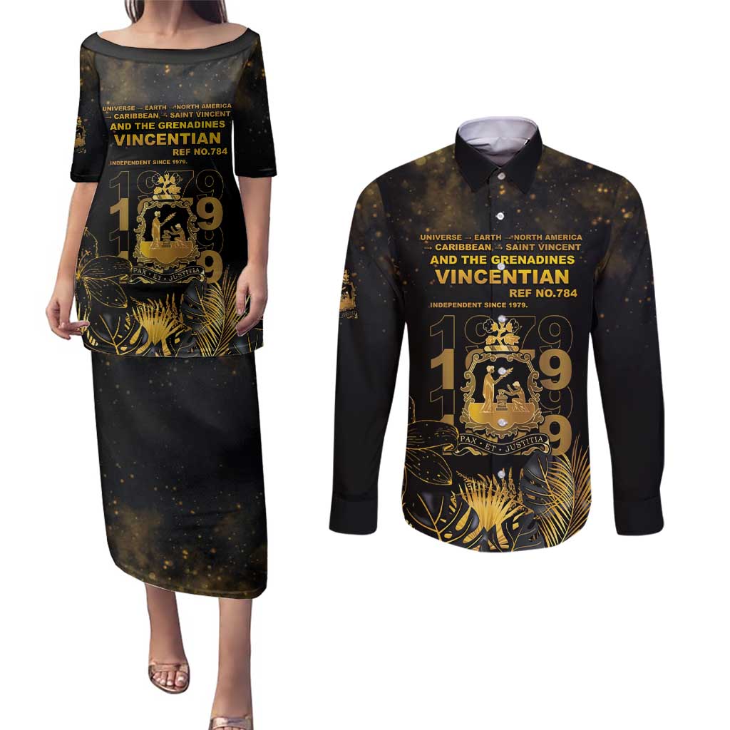 Saint Vincent And The Grenadines 1979 Couples Matching Puletasi and Long Sleeve Button Shirt Gold Tropical Leaves And Coat Of Arms - Wonder Print Shop