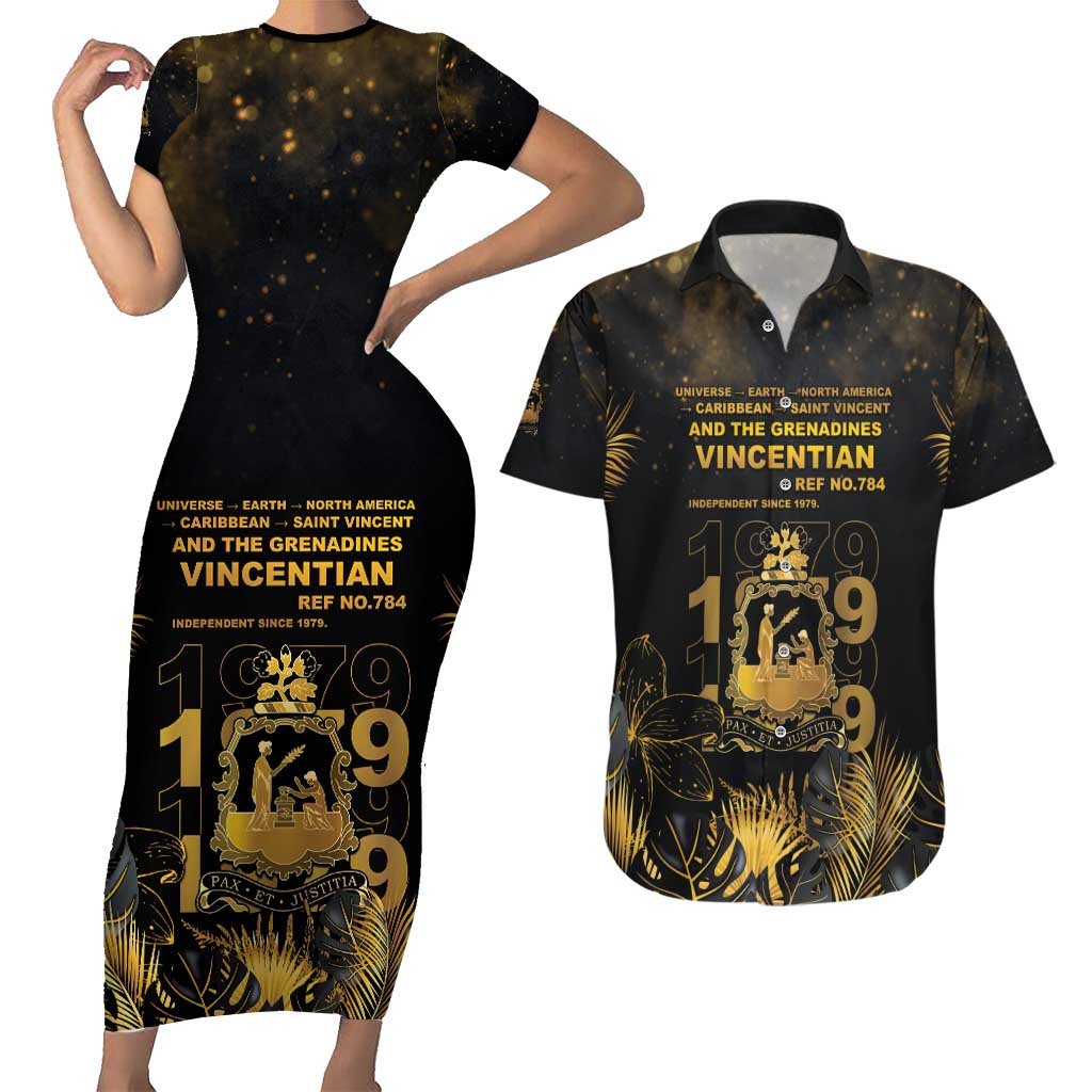 Saint Vincent And The Grenadines 1979 Couples Matching Short Sleeve Bodycon Dress and Hawaiian Shirt Gold Tropical Leaves And Coat Of Arms - Wonder Print Shop