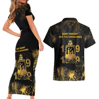 Saint Vincent And The Grenadines 1979 Couples Matching Short Sleeve Bodycon Dress and Hawaiian Shirt Gold Tropical Leaves And Coat Of Arms - Wonder Print Shop