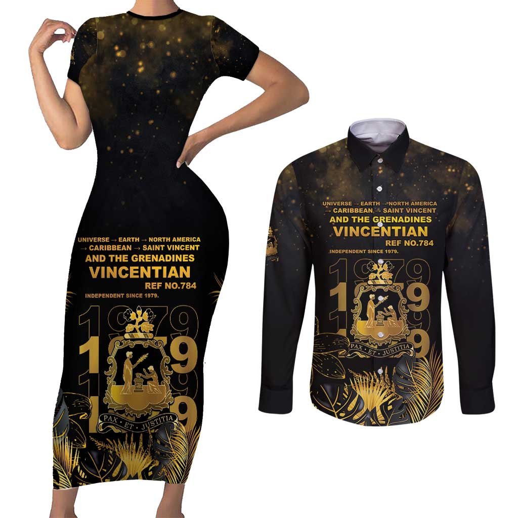 Saint Vincent And The Grenadines 1979 Couples Matching Short Sleeve Bodycon Dress and Long Sleeve Button Shirt Gold Tropical Leaves And Coat Of Arms - Wonder Print Shop