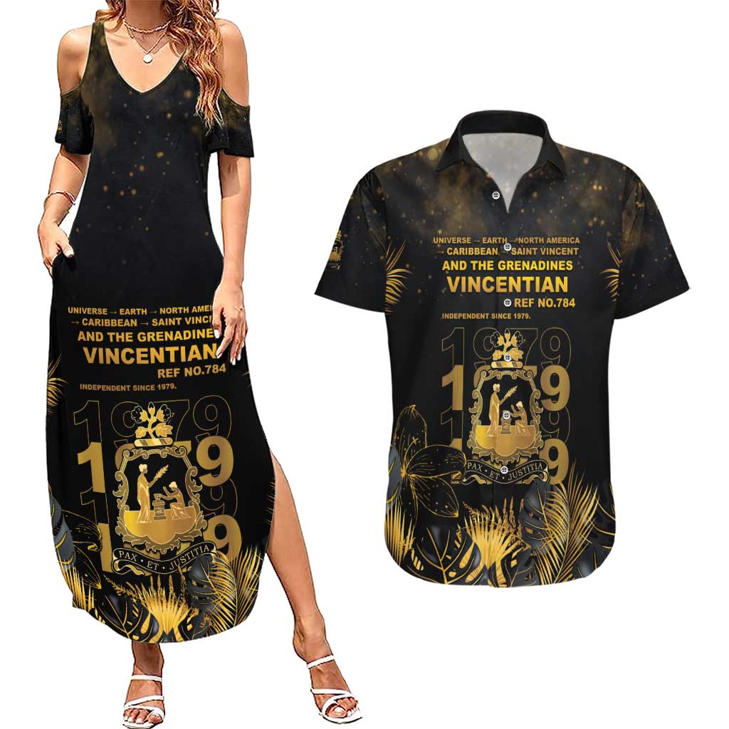 Saint Vincent And The Grenadines 1979 Couples Matching Summer Maxi Dress and Hawaiian Shirt Gold Tropical Leaves And Coat Of Arms - Wonder Print Shop