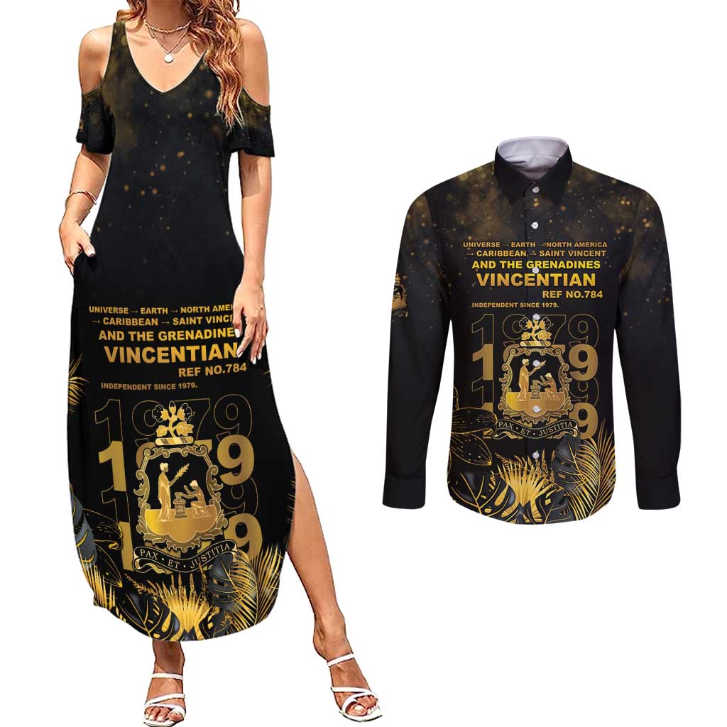 Saint Vincent And The Grenadines 1979 Couples Matching Summer Maxi Dress and Long Sleeve Button Shirt Gold Tropical Leaves And Coat Of Arms - Wonder Print Shop