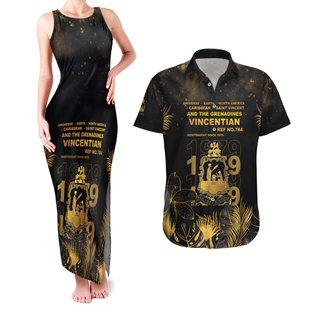 Saint Vincent And The Grenadines 1979 Couples Matching Tank Maxi Dress and Hawaiian Shirt Gold Tropical Leaves And Coat Of Arms - Wonder Print Shop