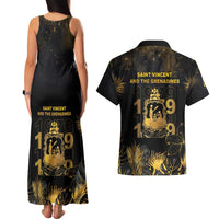 Saint Vincent And The Grenadines 1979 Couples Matching Tank Maxi Dress and Hawaiian Shirt Gold Tropical Leaves And Coat Of Arms - Wonder Print Shop