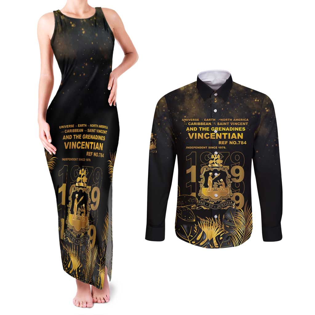 Saint Vincent And The Grenadines 1979 Couples Matching Tank Maxi Dress and Long Sleeve Button Shirt Gold Tropical Leaves And Coat Of Arms - Wonder Print Shop