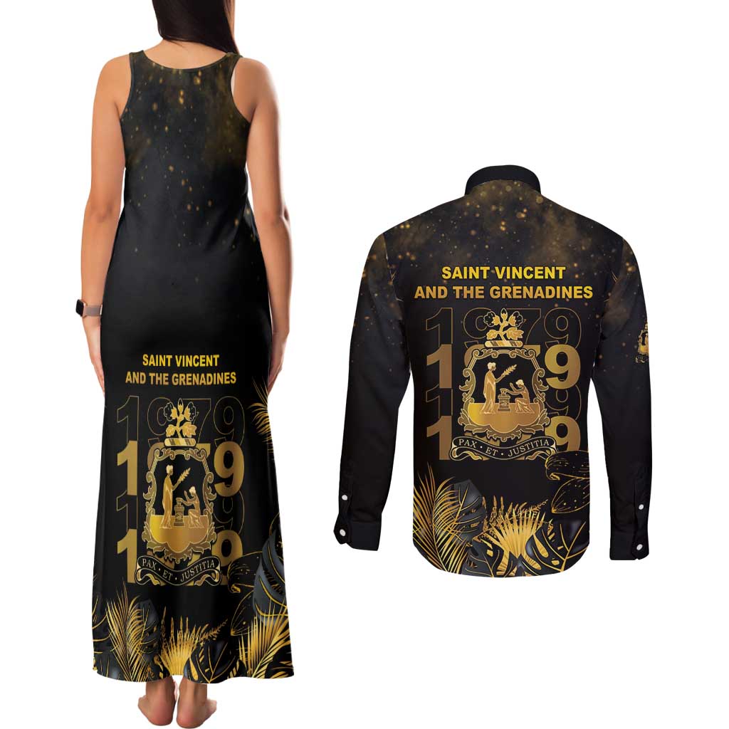Saint Vincent And The Grenadines 1979 Couples Matching Tank Maxi Dress and Long Sleeve Button Shirt Gold Tropical Leaves And Coat Of Arms - Wonder Print Shop