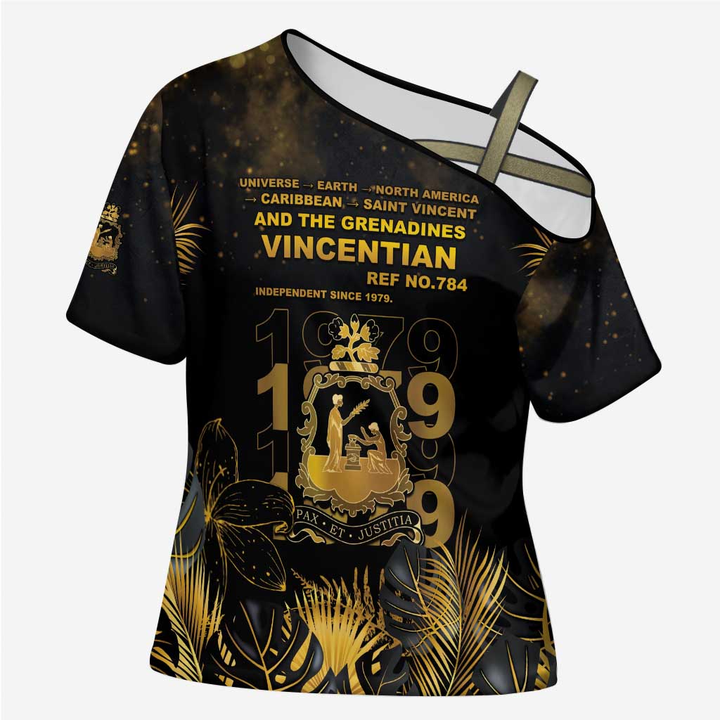 Saint Vincent And The Grenadines 1979 Cross Shoulder Shirt Gold Tropical Leaves And Coat Of Arms - Wonder Print Shop
