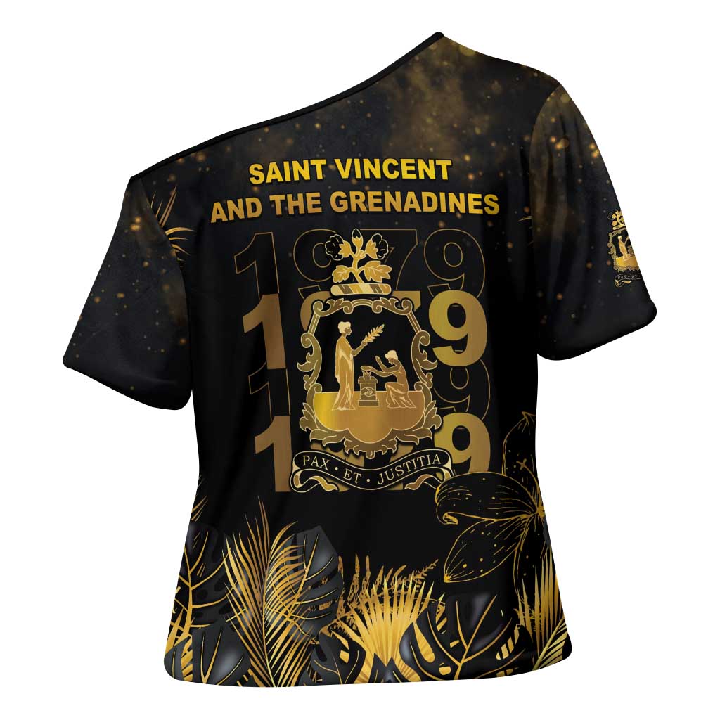Saint Vincent And The Grenadines 1979 Cross Shoulder Shirt Gold Tropical Leaves And Coat Of Arms - Wonder Print Shop