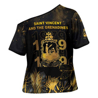 Saint Vincent And The Grenadines 1979 Cross Shoulder Shirt Gold Tropical Leaves And Coat Of Arms - Wonder Print Shop