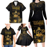 Saint Vincent And The Grenadines 1979 Family Matching Long Sleeve Bodycon Dress and Hawaiian Shirt Gold Tropical Leaves And Coat Of Arms - Wonder Print Shop