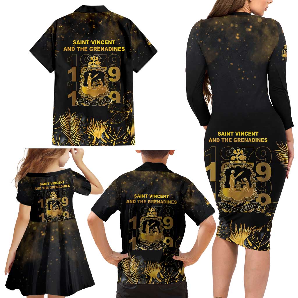 Saint Vincent And The Grenadines 1979 Family Matching Long Sleeve Bodycon Dress and Hawaiian Shirt Gold Tropical Leaves And Coat Of Arms - Wonder Print Shop