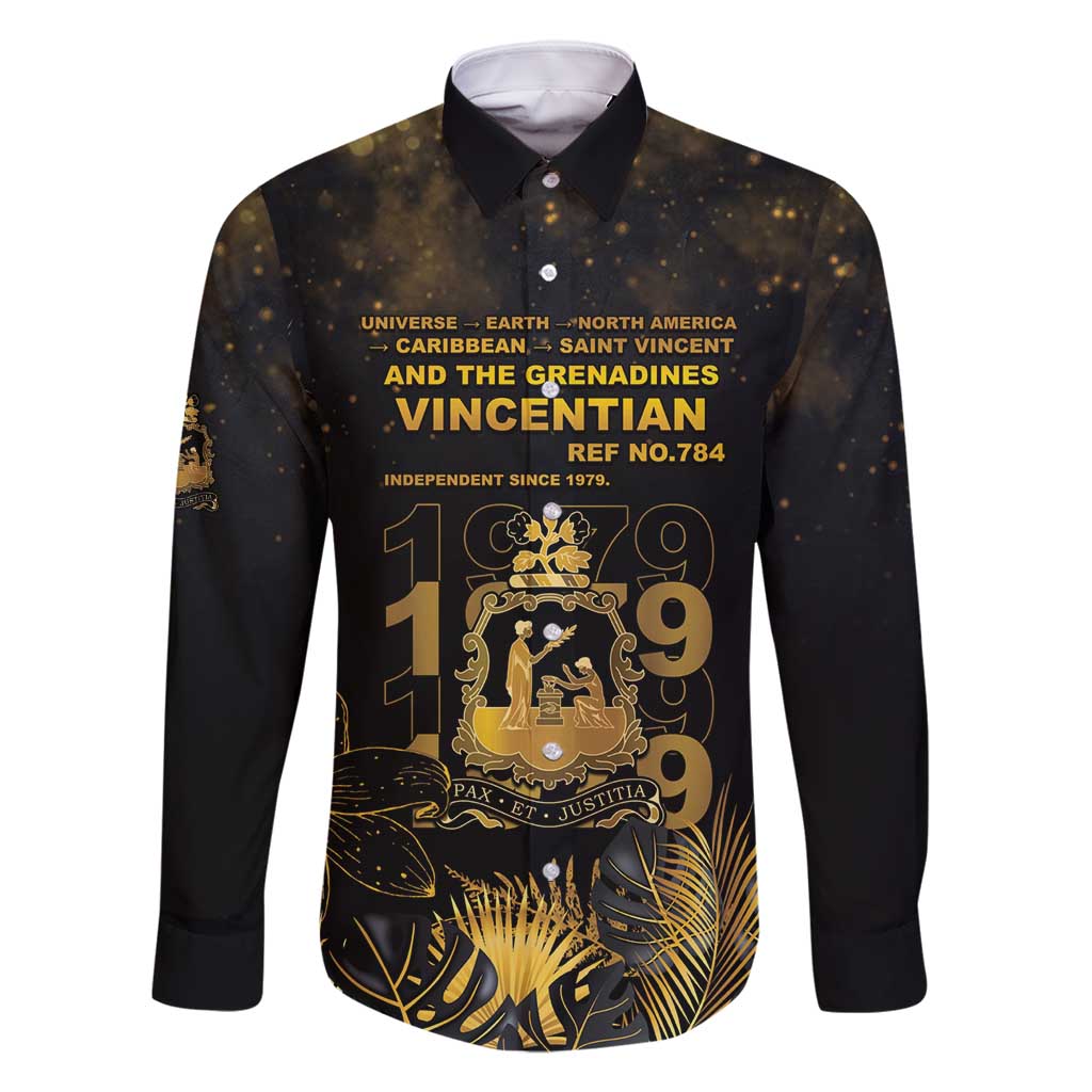 Saint Vincent And The Grenadines 1979 Family Matching Long Sleeve Bodycon Dress and Hawaiian Shirt Gold Tropical Leaves And Coat Of Arms - Wonder Print Shop