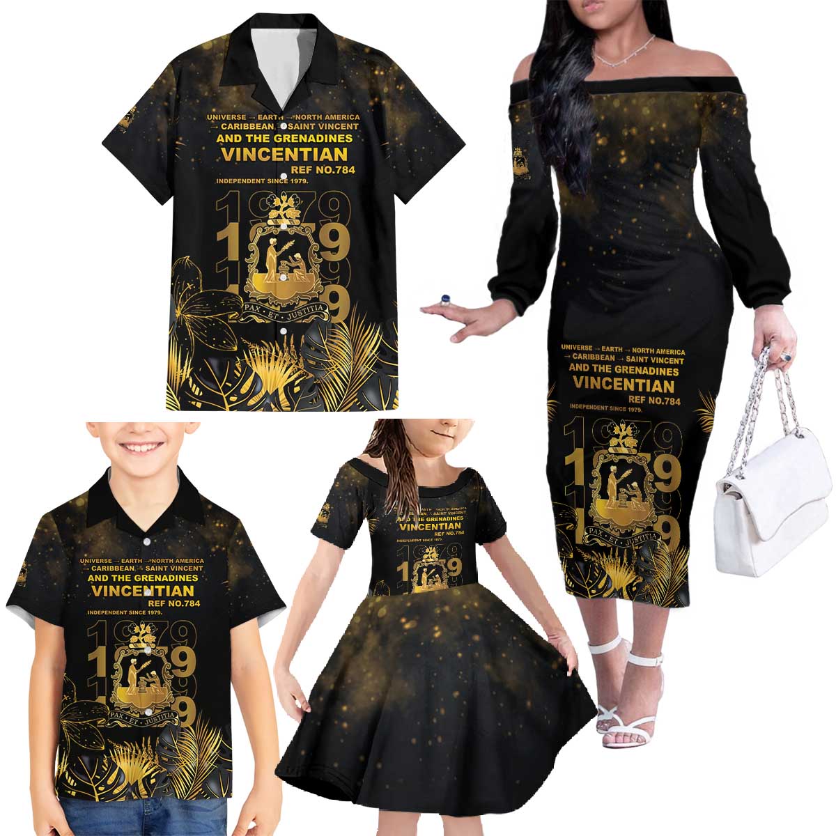 Saint Vincent And The Grenadines 1979 Family Matching Off The Shoulder Long Sleeve Dress and Hawaiian Shirt Gold Tropical Leaves And Coat Of Arms - Wonder Print Shop