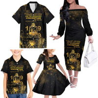 Saint Vincent And The Grenadines 1979 Family Matching Off The Shoulder Long Sleeve Dress and Hawaiian Shirt Gold Tropical Leaves And Coat Of Arms - Wonder Print Shop
