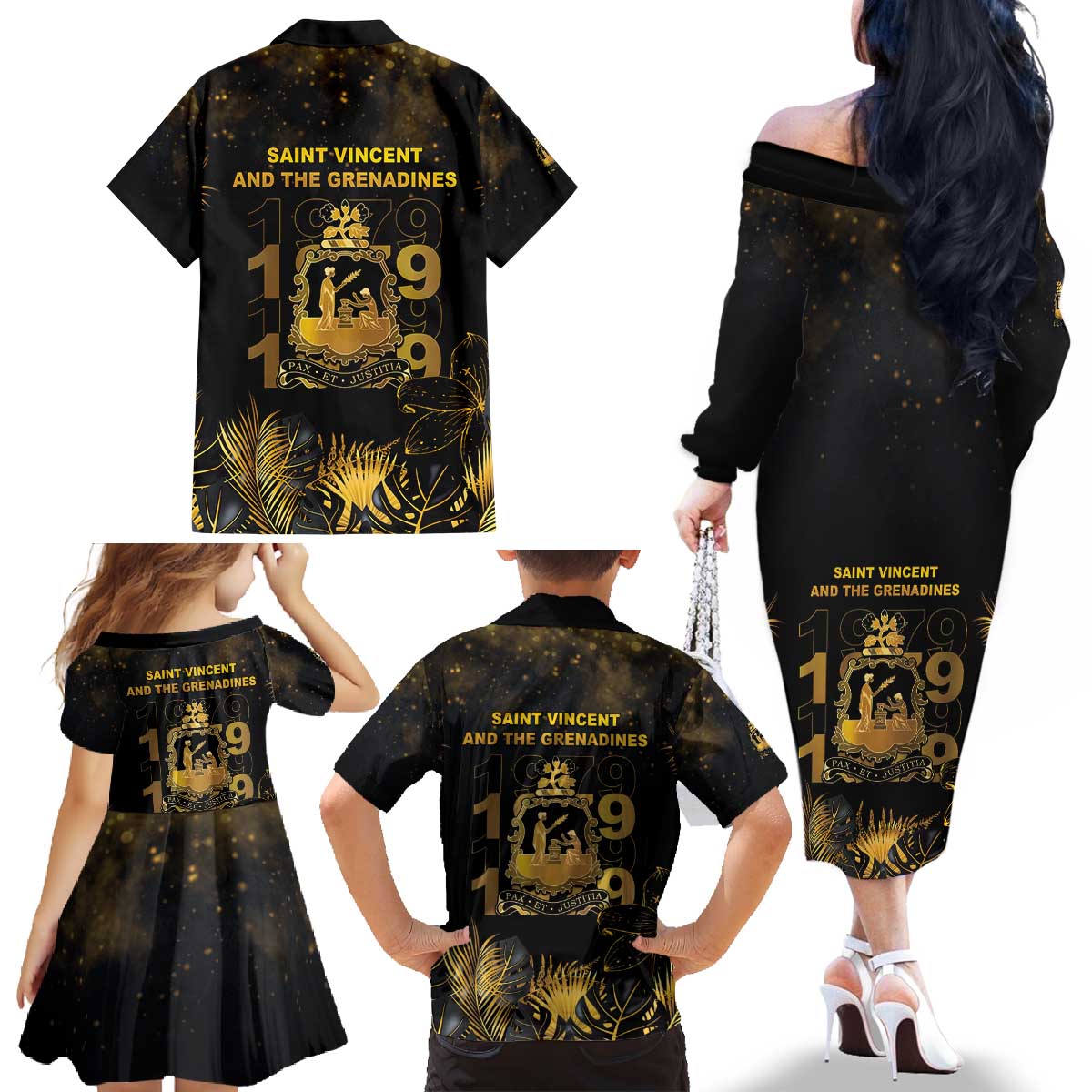 Saint Vincent And The Grenadines 1979 Family Matching Off The Shoulder Long Sleeve Dress and Hawaiian Shirt Gold Tropical Leaves And Coat Of Arms - Wonder Print Shop