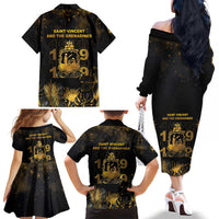 Saint Vincent And The Grenadines 1979 Family Matching Off The Shoulder Long Sleeve Dress and Hawaiian Shirt Gold Tropical Leaves And Coat Of Arms - Wonder Print Shop