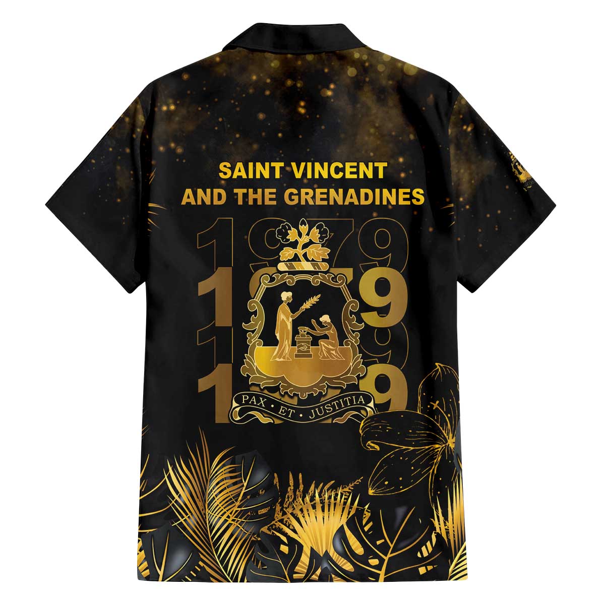 Saint Vincent And The Grenadines 1979 Family Matching Off The Shoulder Long Sleeve Dress and Hawaiian Shirt Gold Tropical Leaves And Coat Of Arms - Wonder Print Shop