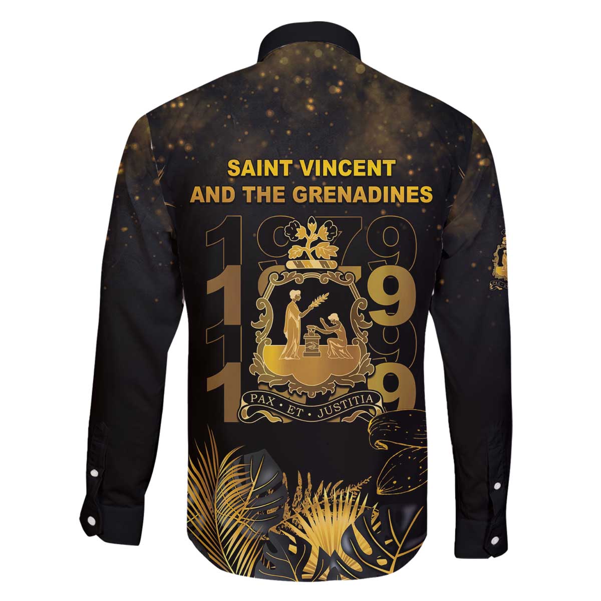 Saint Vincent And The Grenadines 1979 Family Matching Off The Shoulder Long Sleeve Dress and Hawaiian Shirt Gold Tropical Leaves And Coat Of Arms - Wonder Print Shop