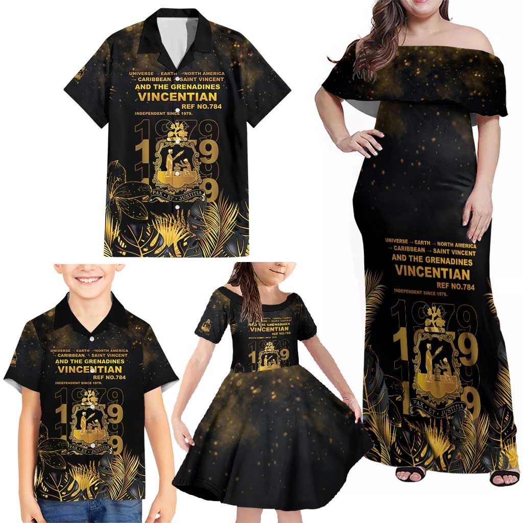 Saint Vincent And The Grenadines 1979 Family Matching Off Shoulder Maxi Dress and Hawaiian Shirt Gold Tropical Leaves And Coat Of Arms - Wonder Print Shop