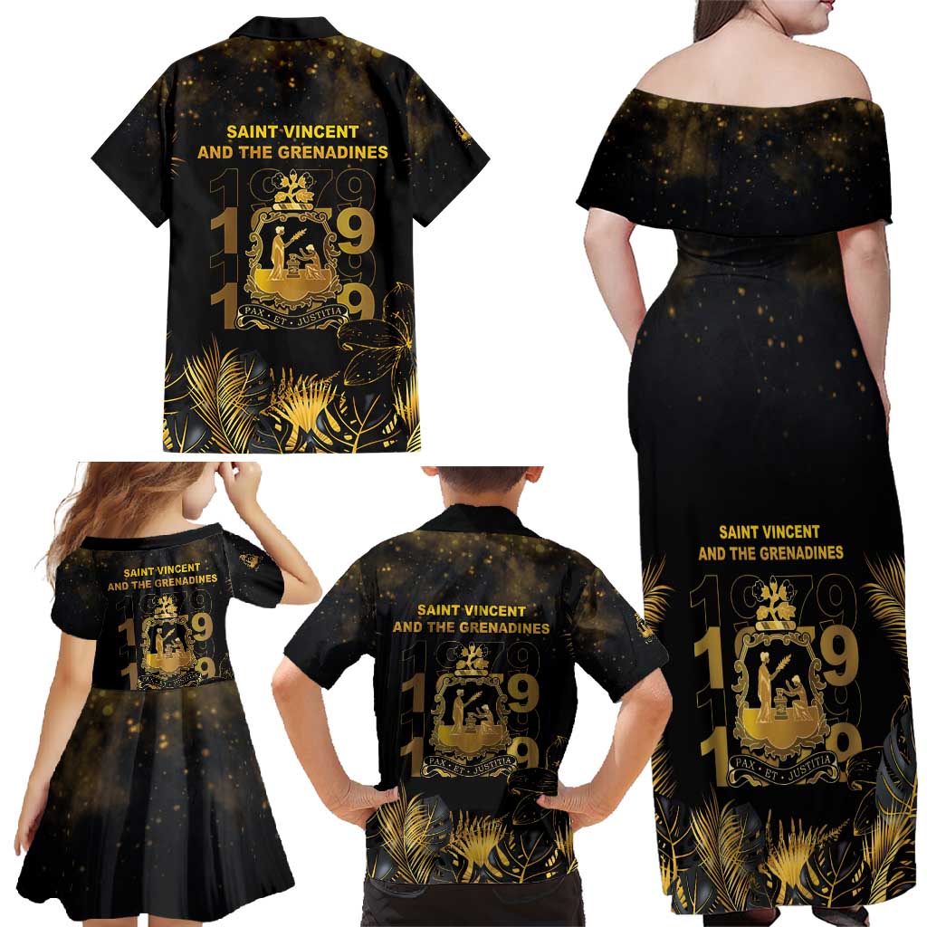 Saint Vincent And The Grenadines 1979 Family Matching Off Shoulder Maxi Dress and Hawaiian Shirt Gold Tropical Leaves And Coat Of Arms - Wonder Print Shop