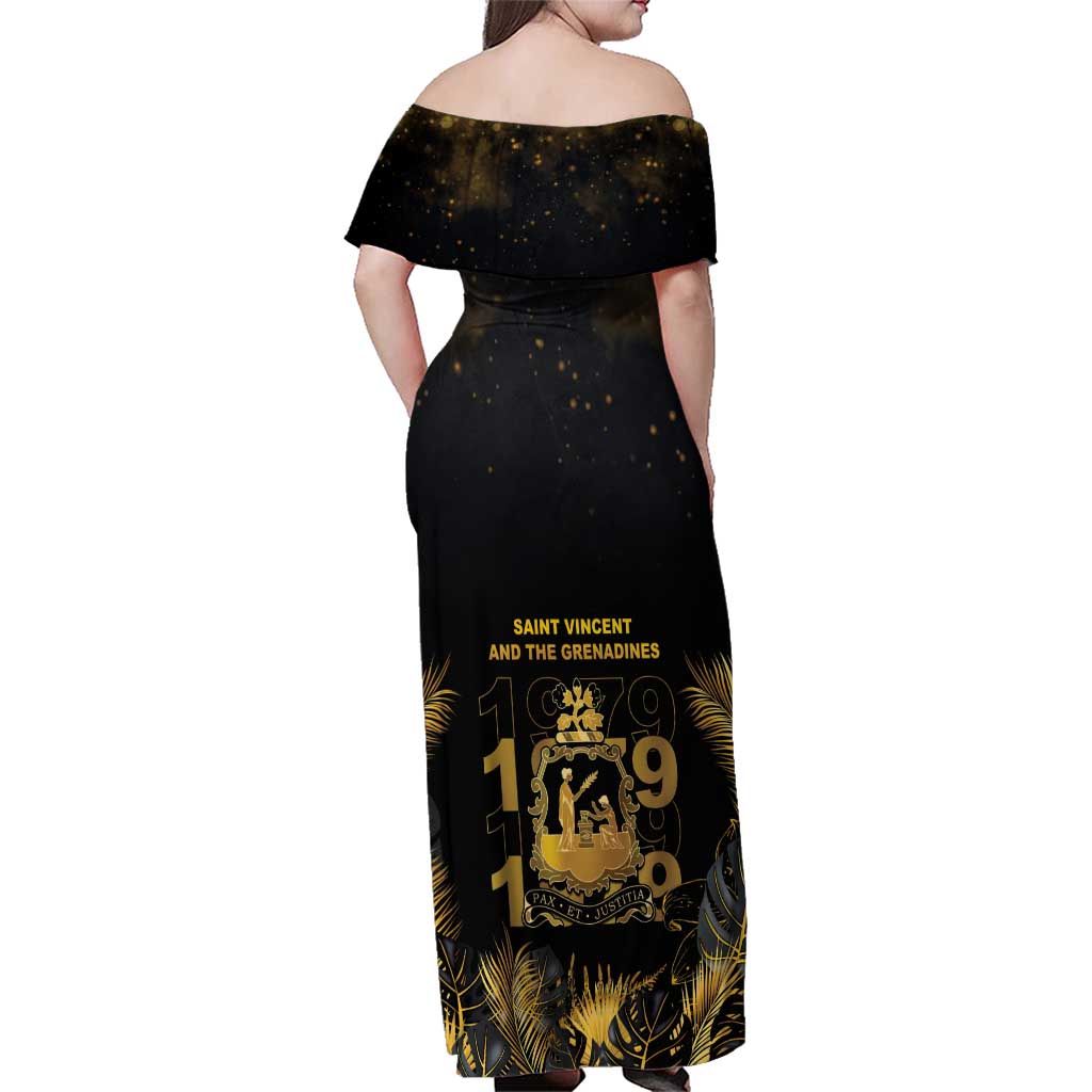 Saint Vincent And The Grenadines 1979 Family Matching Off Shoulder Maxi Dress and Hawaiian Shirt Gold Tropical Leaves And Coat Of Arms - Wonder Print Shop