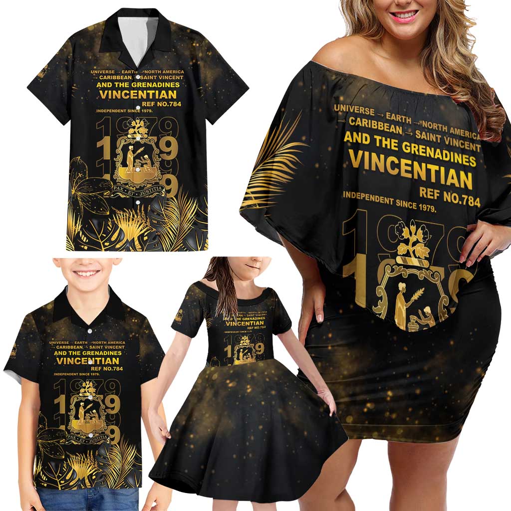 Saint Vincent And The Grenadines 1979 Family Matching Off Shoulder Short Dress and Hawaiian Shirt Gold Tropical Leaves And Coat Of Arms - Wonder Print Shop