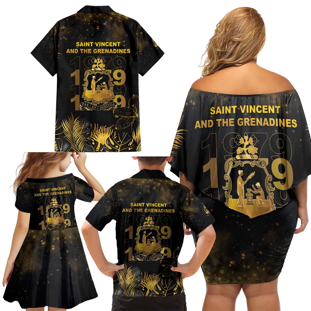 Saint Vincent And The Grenadines 1979 Family Matching Off Shoulder Short Dress and Hawaiian Shirt Gold Tropical Leaves And Coat Of Arms - Wonder Print Shop