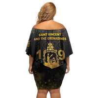 Saint Vincent And The Grenadines 1979 Family Matching Off Shoulder Short Dress and Hawaiian Shirt Gold Tropical Leaves And Coat Of Arms - Wonder Print Shop