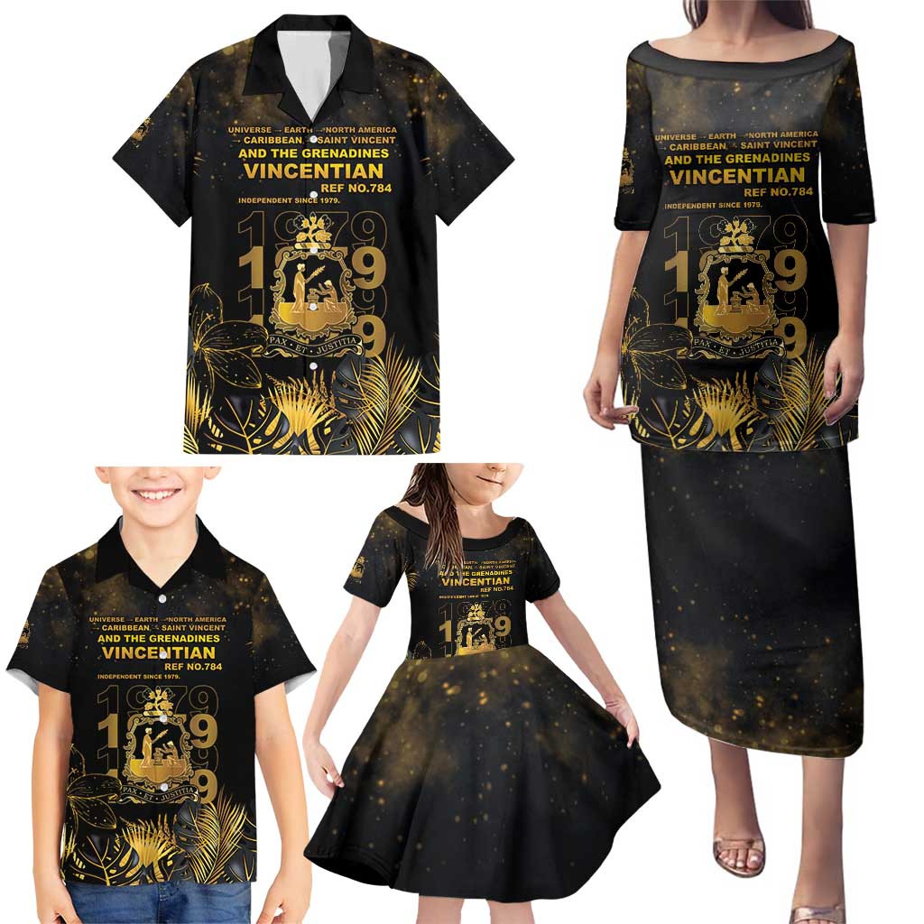 Saint Vincent And The Grenadines 1979 Family Matching Puletasi and Hawaiian Shirt Gold Tropical Leaves And Coat Of Arms - Wonder Print Shop