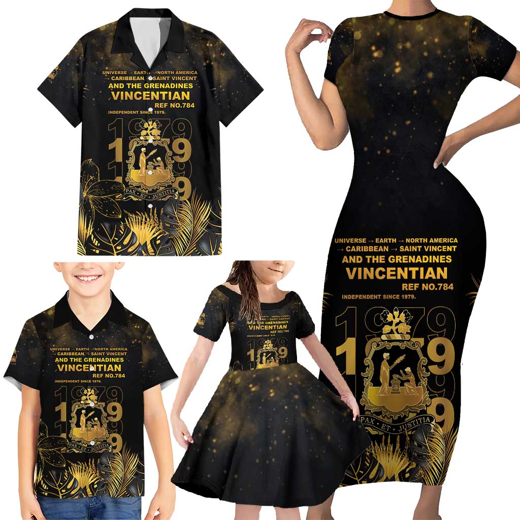 Saint Vincent And The Grenadines 1979 Family Matching Short Sleeve Bodycon Dress and Hawaiian Shirt Gold Tropical Leaves And Coat Of Arms - Wonder Print Shop
