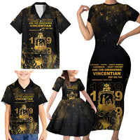 Saint Vincent And The Grenadines 1979 Family Matching Short Sleeve Bodycon Dress and Hawaiian Shirt Gold Tropical Leaves And Coat Of Arms - Wonder Print Shop