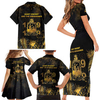 Saint Vincent And The Grenadines 1979 Family Matching Short Sleeve Bodycon Dress and Hawaiian Shirt Gold Tropical Leaves And Coat Of Arms - Wonder Print Shop