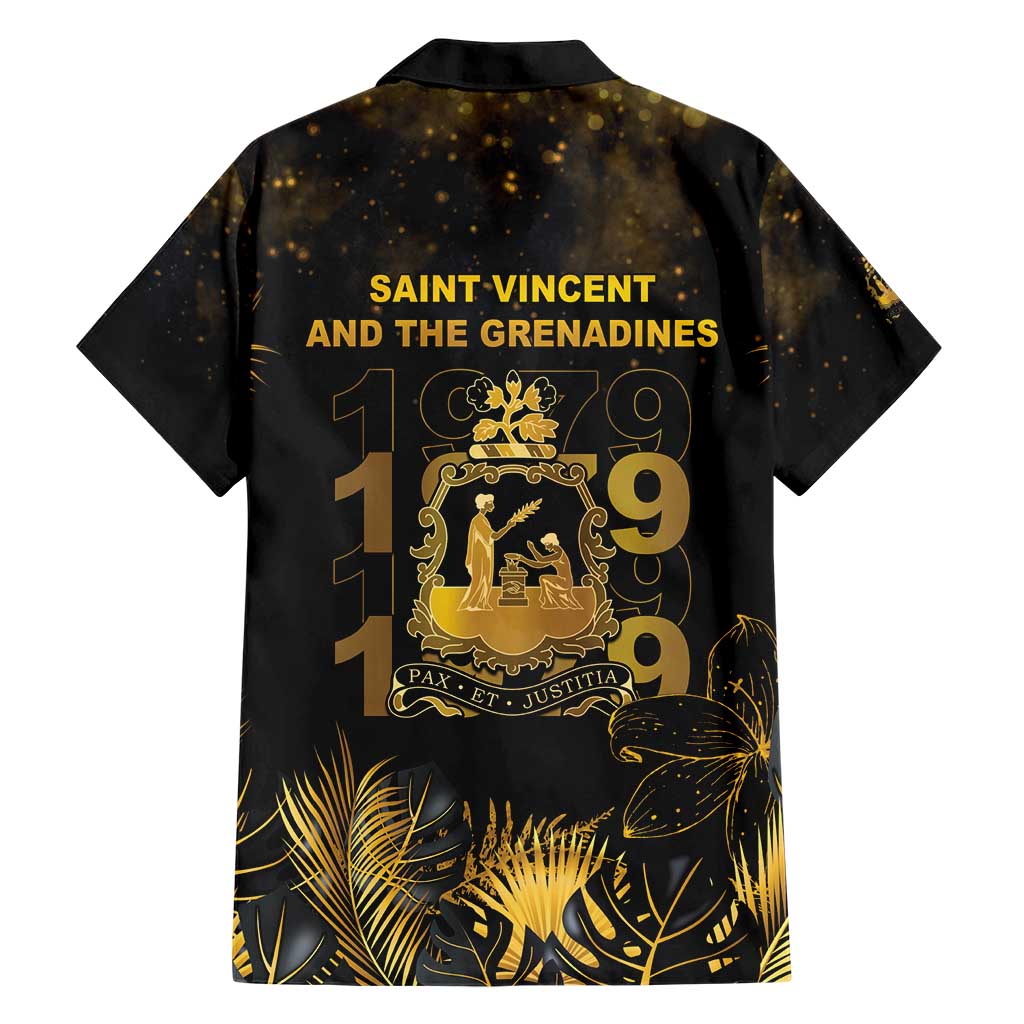 Saint Vincent And The Grenadines 1979 Family Matching Short Sleeve Bodycon Dress and Hawaiian Shirt Gold Tropical Leaves And Coat Of Arms - Wonder Print Shop