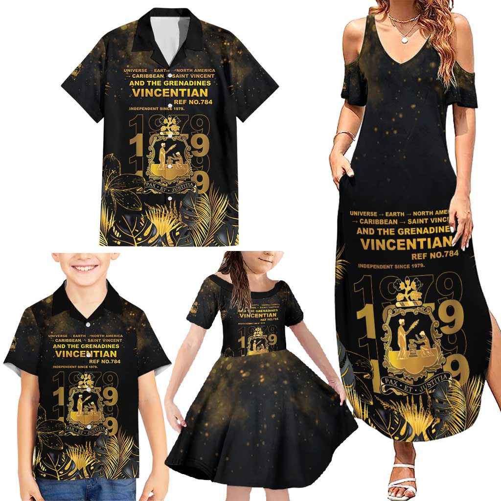 Saint Vincent And The Grenadines 1979 Family Matching Summer Maxi Dress and Hawaiian Shirt Gold Tropical Leaves And Coat Of Arms - Wonder Print Shop