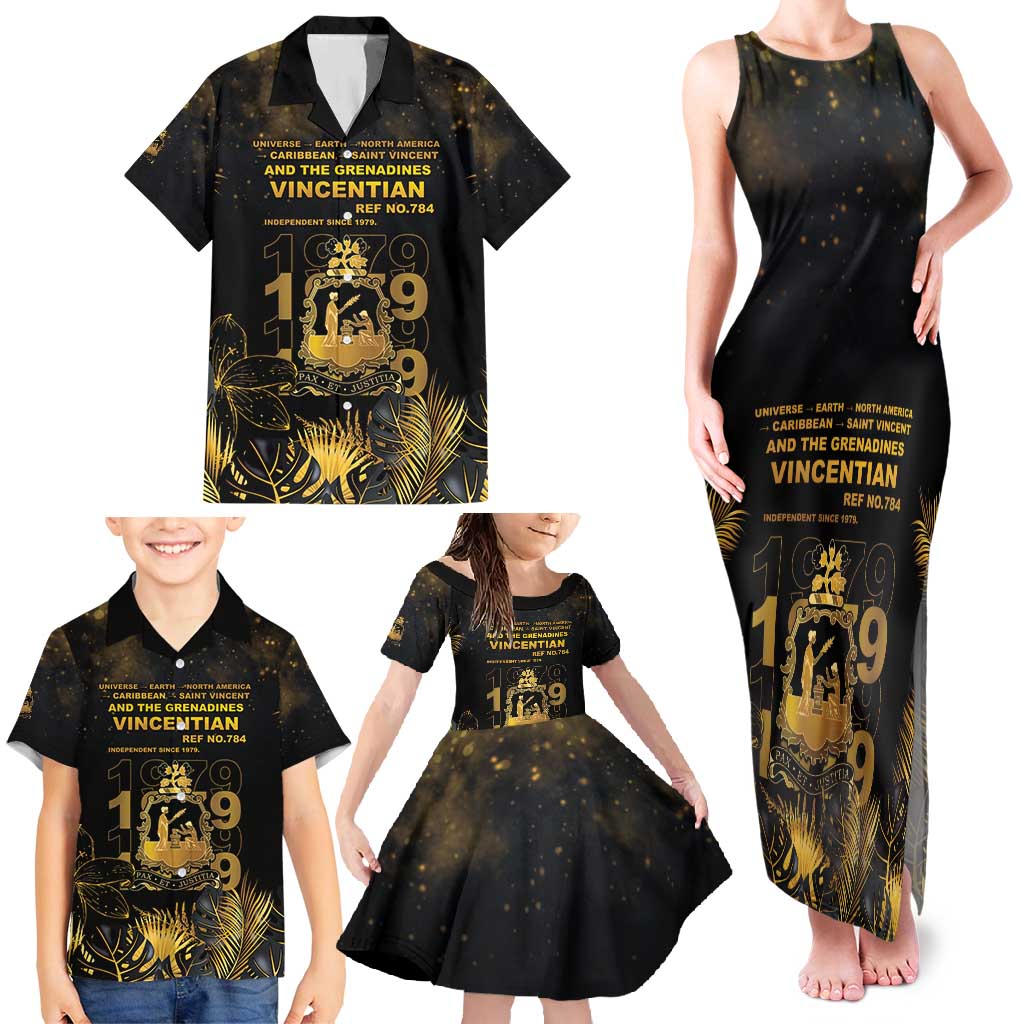 Saint Vincent And The Grenadines 1979 Family Matching Tank Maxi Dress and Hawaiian Shirt Gold Tropical Leaves And Coat Of Arms - Wonder Print Shop