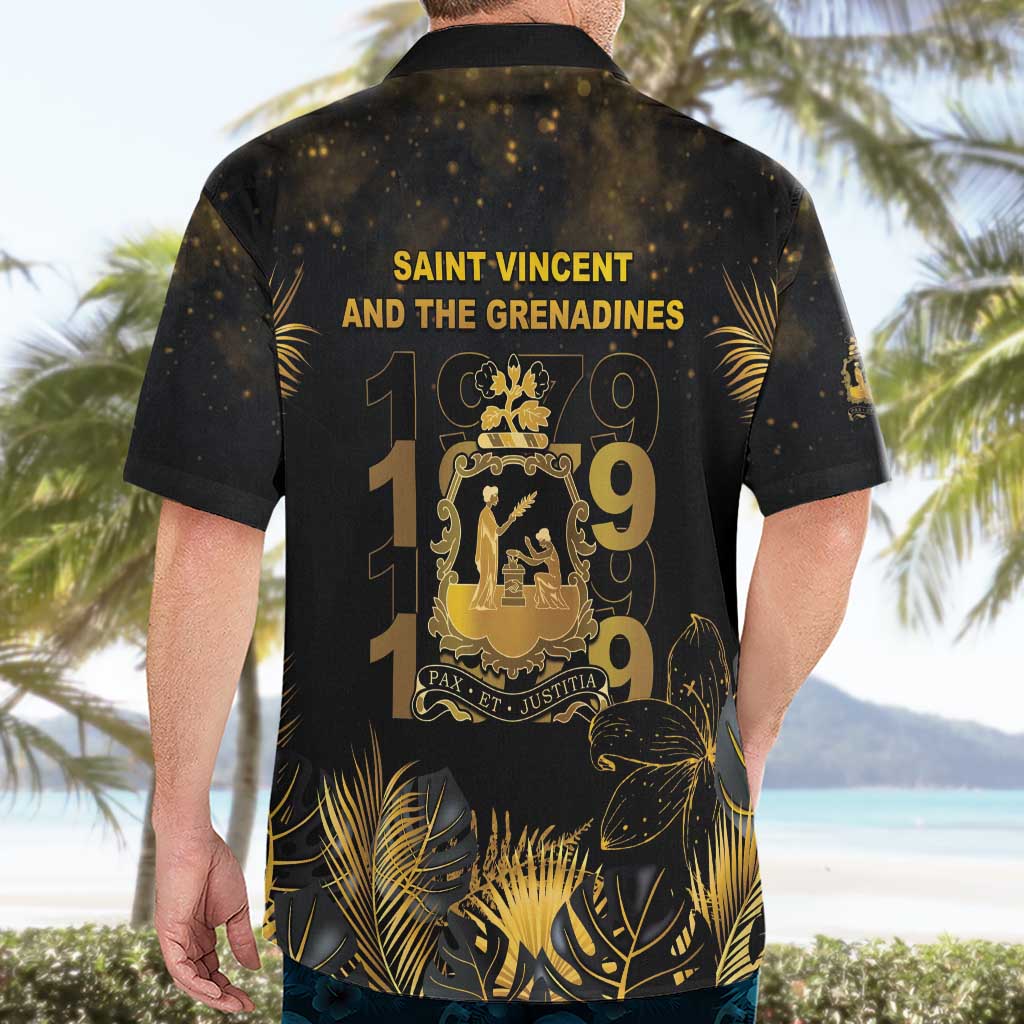 Saint Vincent And The Grenadines 1979 Hawaiian Shirt Gold Tropical Leaves And Coat Of Arms - Wonder Print Shop