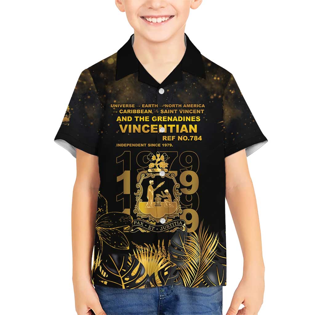 Saint Vincent And The Grenadines 1979 Kid Hawaiian Shirt Gold Tropical Leaves And Coat Of Arms - Wonder Print Shop