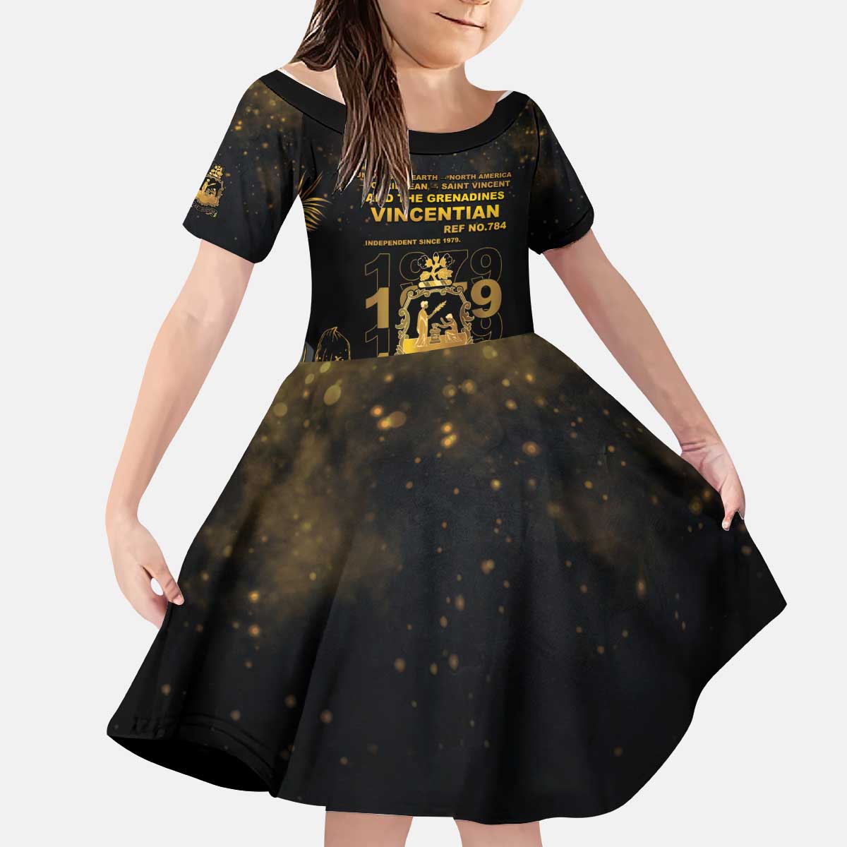 Saint Vincent And The Grenadines 1979 Kid Short Sleeve Dress Gold Tropical Leaves And Coat Of Arms - Wonder Print Shop