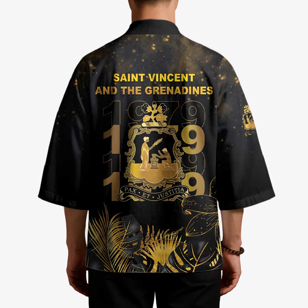 Saint Vincent And The Grenadines 1979 Kimono Gold Tropical Leaves And Coat Of Arms - Wonder Print Shop