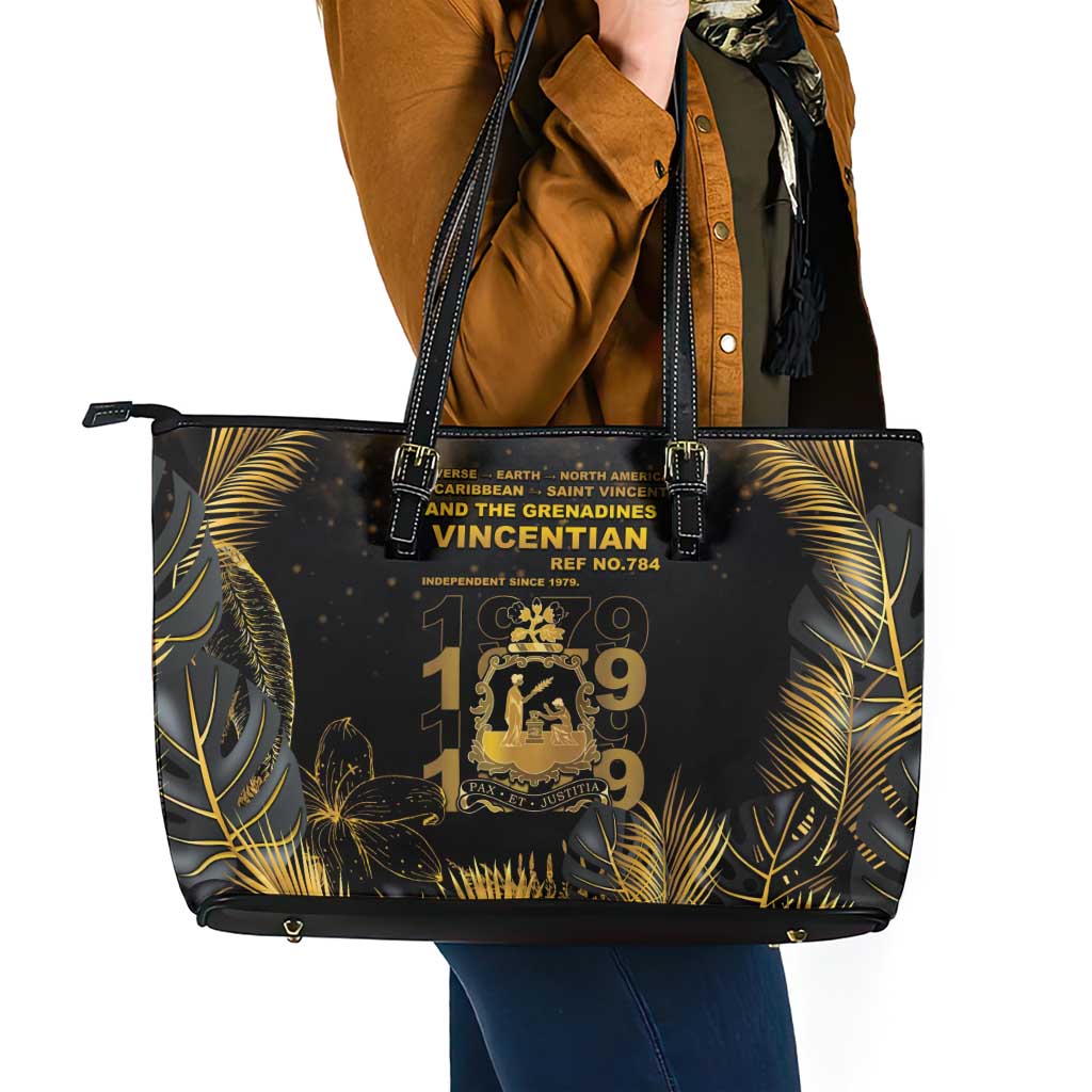 Saint Vincent And The Grenadines 1979 Leather Tote Bag Gold Tropical Leaves And Coat Of Arms - Wonder Print Shop