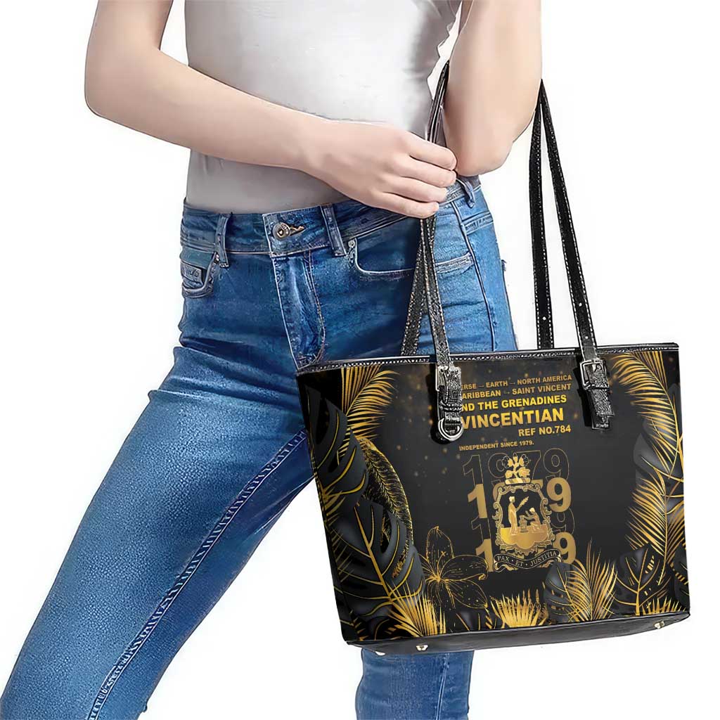 Saint Vincent And The Grenadines 1979 Leather Tote Bag Gold Tropical Leaves And Coat Of Arms - Wonder Print Shop