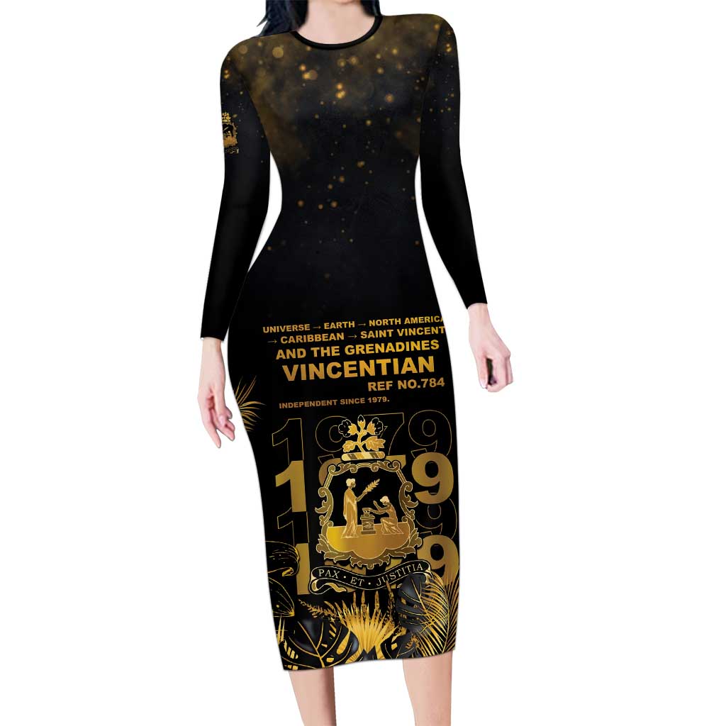 Saint Vincent And The Grenadines 1979 Long Sleeve Bodycon Dress Gold Tropical Leaves And Coat Of Arms - Wonder Print Shop