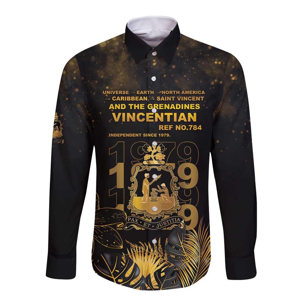 Saint Vincent And The Grenadines 1979 Long Sleeve Button Shirt Gold Tropical Leaves And Coat Of Arms - Wonder Print Shop