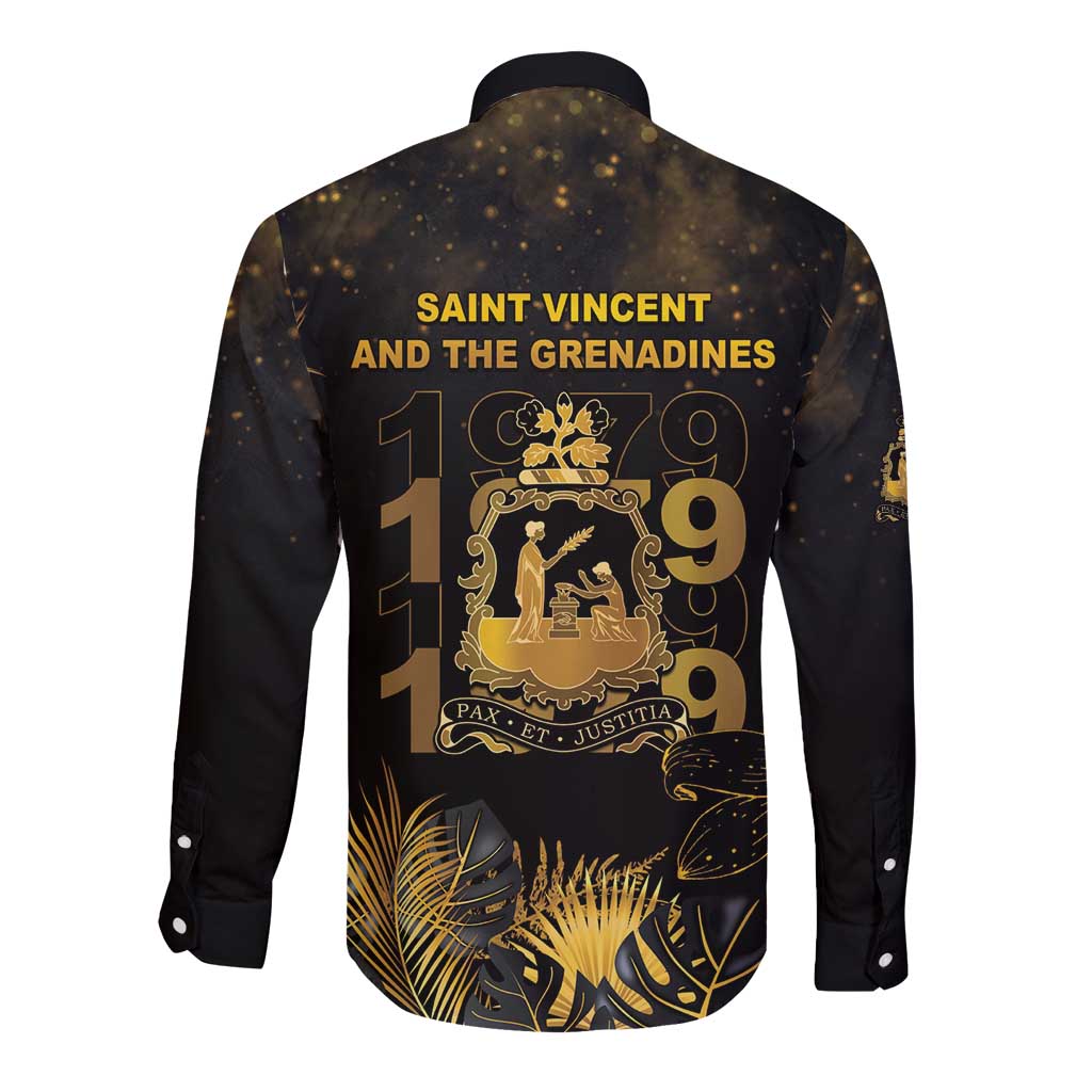 Saint Vincent And The Grenadines 1979 Long Sleeve Button Shirt Gold Tropical Leaves And Coat Of Arms - Wonder Print Shop
